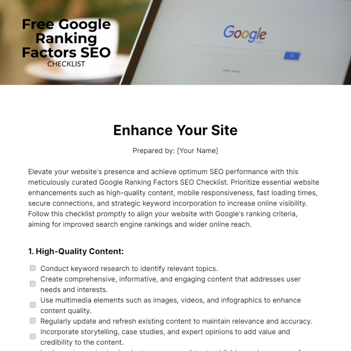Free Google Ranking Factors SEO Checklist Template