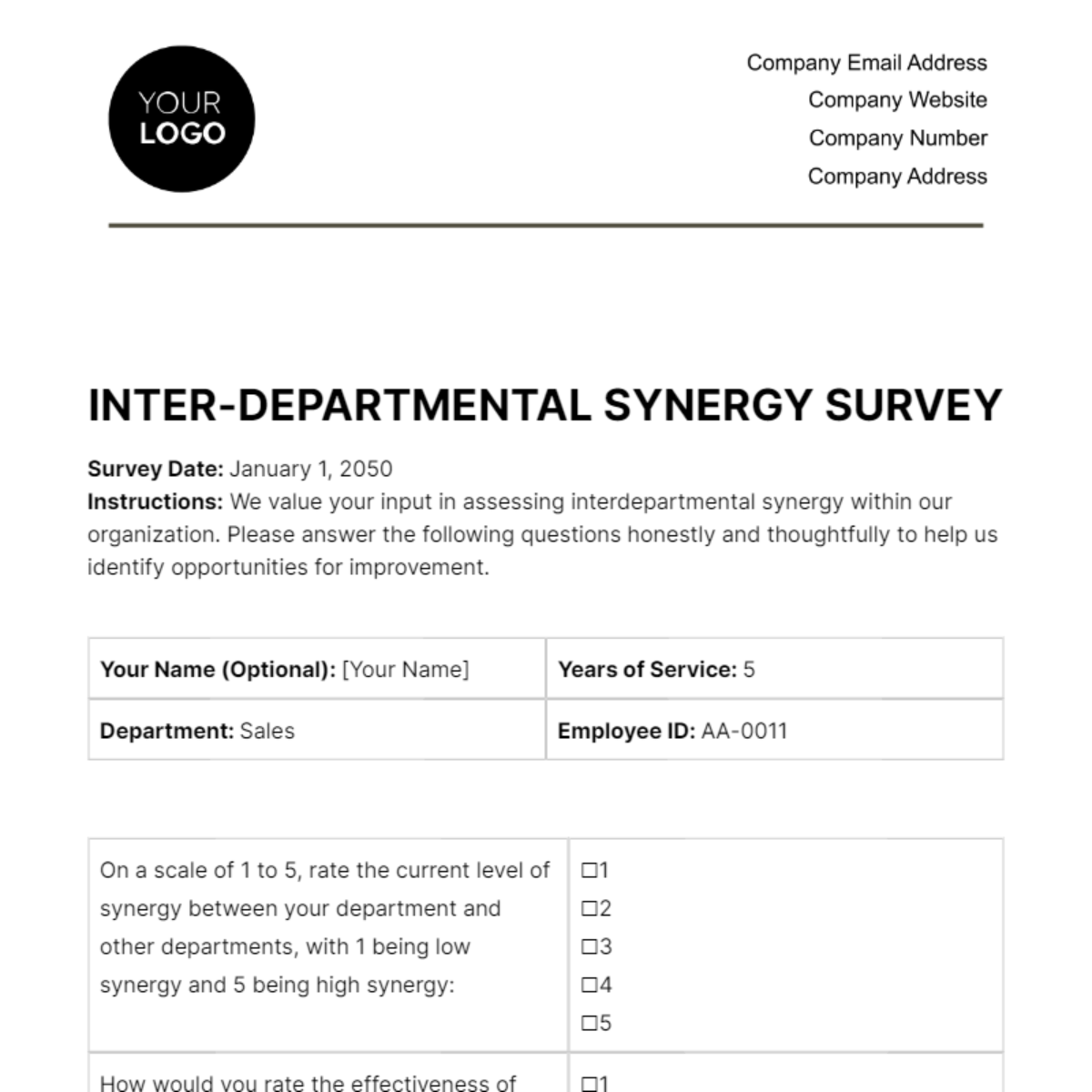 Inter-departmental Synergy Survey HR Template