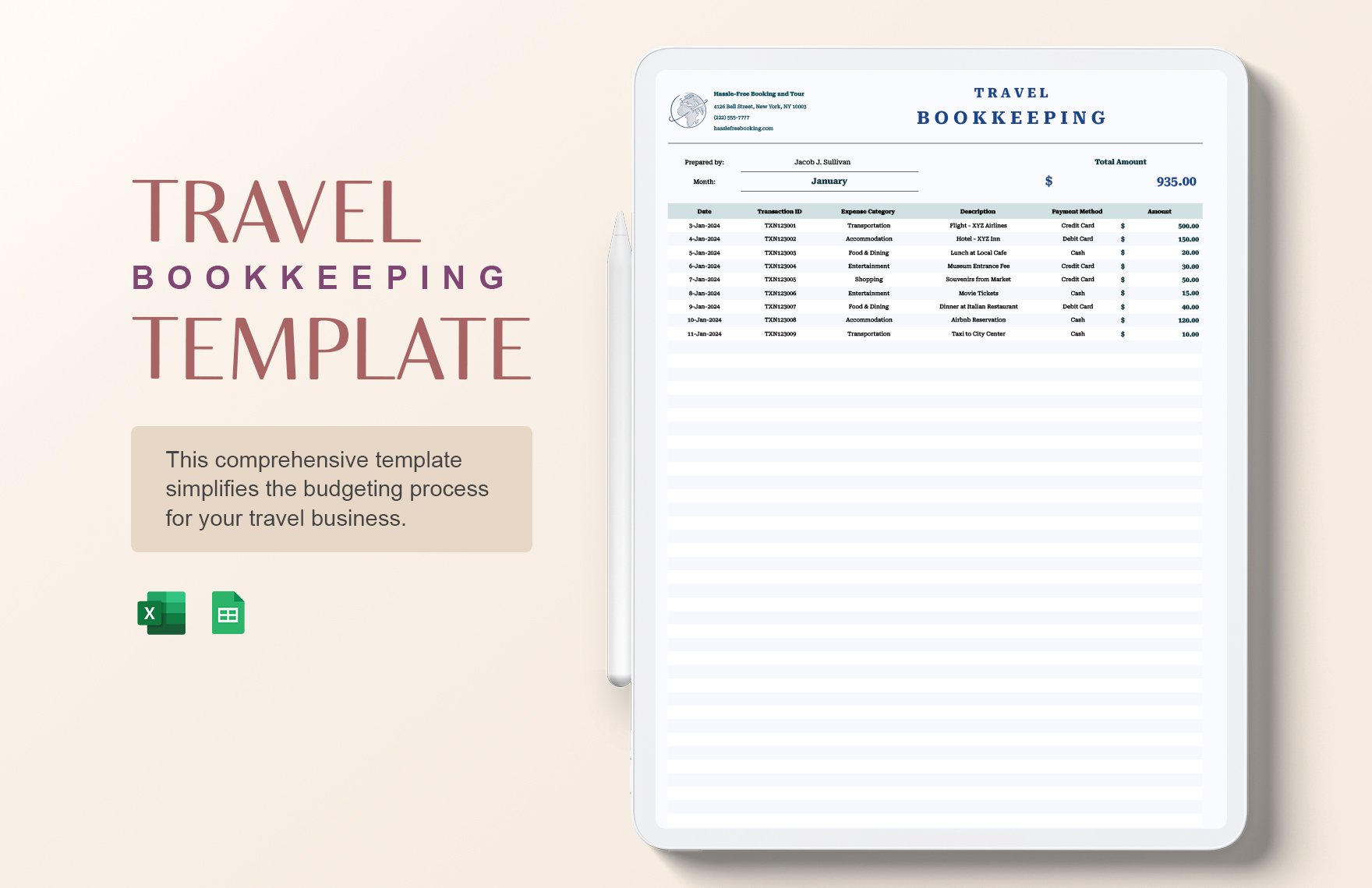 Travel Bookkeeping Template in Excel, Google Sheets