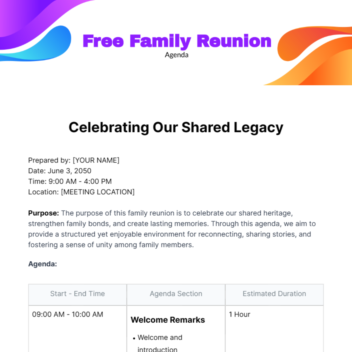 Family Reunion Agenda  Template
