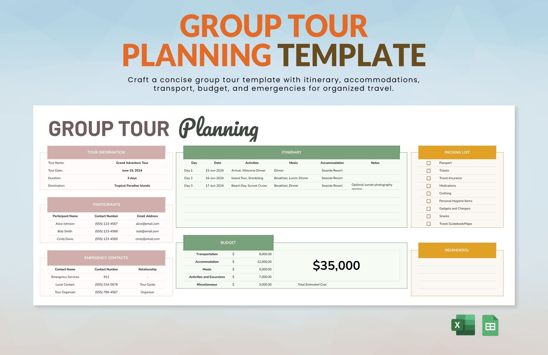 Group Tour Planning Template in Excel, Google Sheets