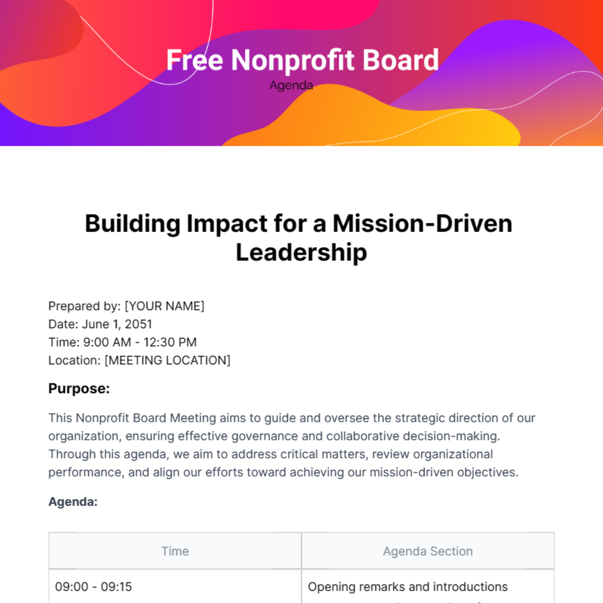 Nonprofit Board Agenda  Template