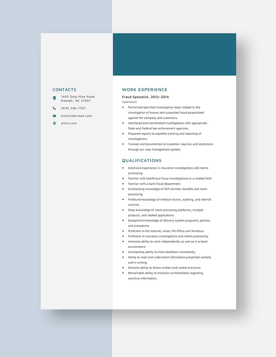 Fraud Specialist Resume Template