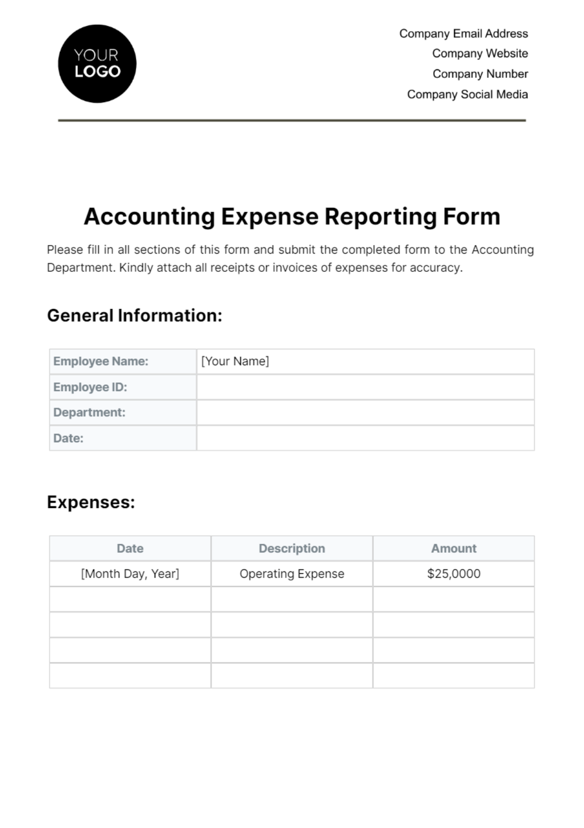 Accounting Expense Reporting Form Template