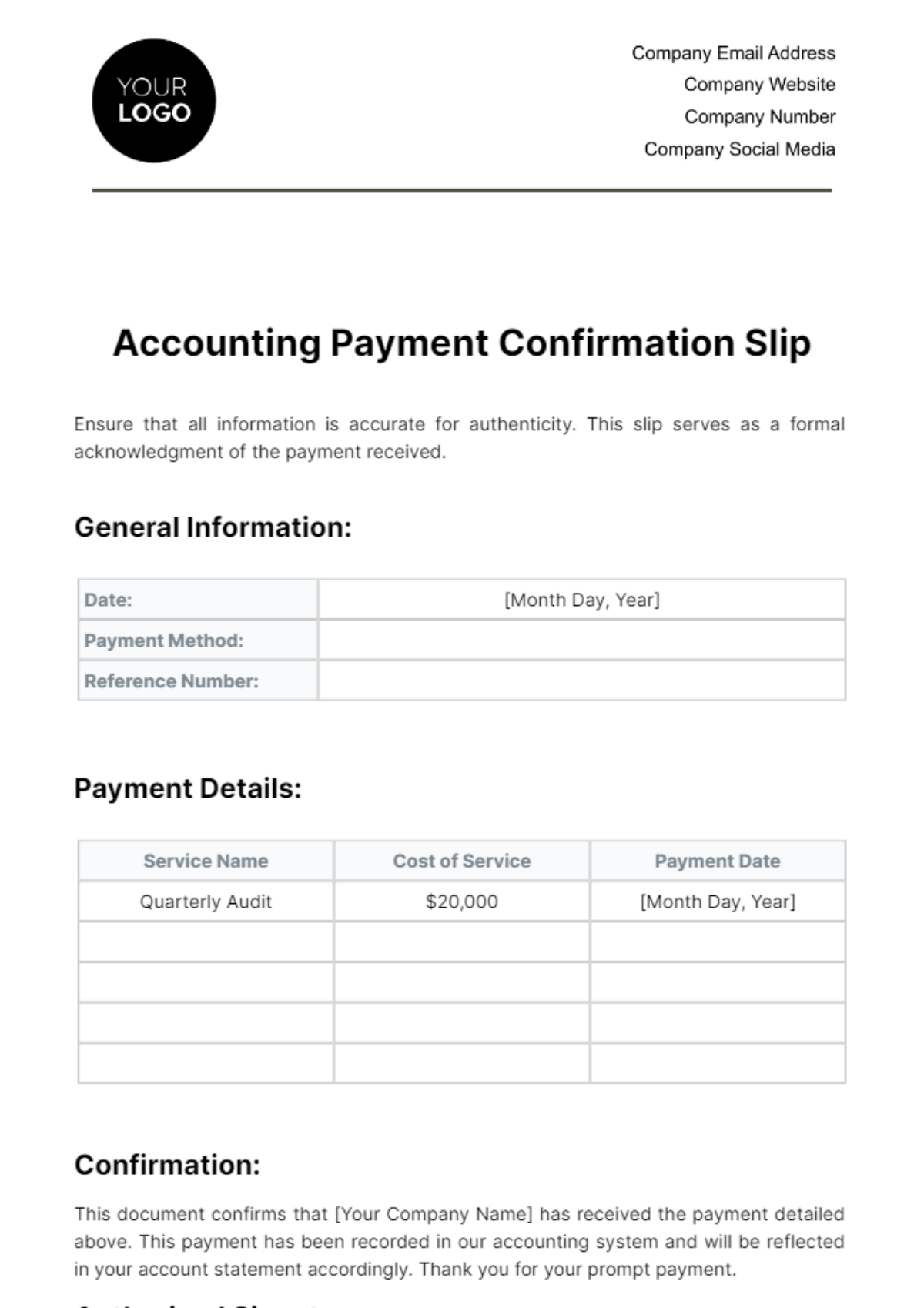 Accounting Payment Confirmation Slip Template