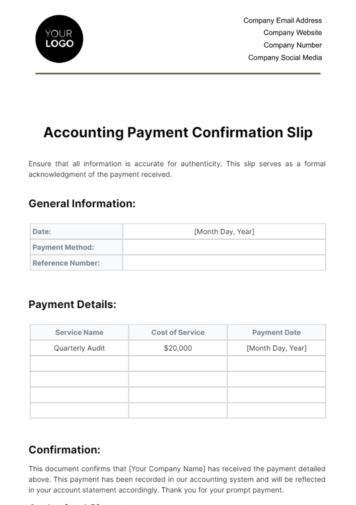 Accounting Payment Confirmation Slip Template - Edit Online & Download