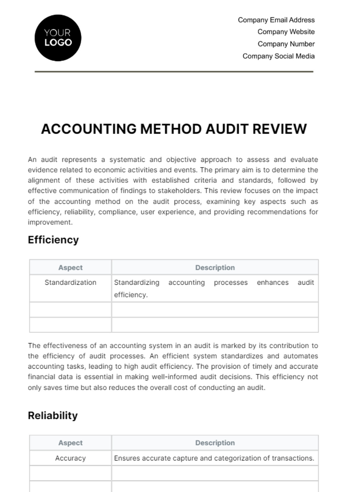 Accounting Method Audit Review Template