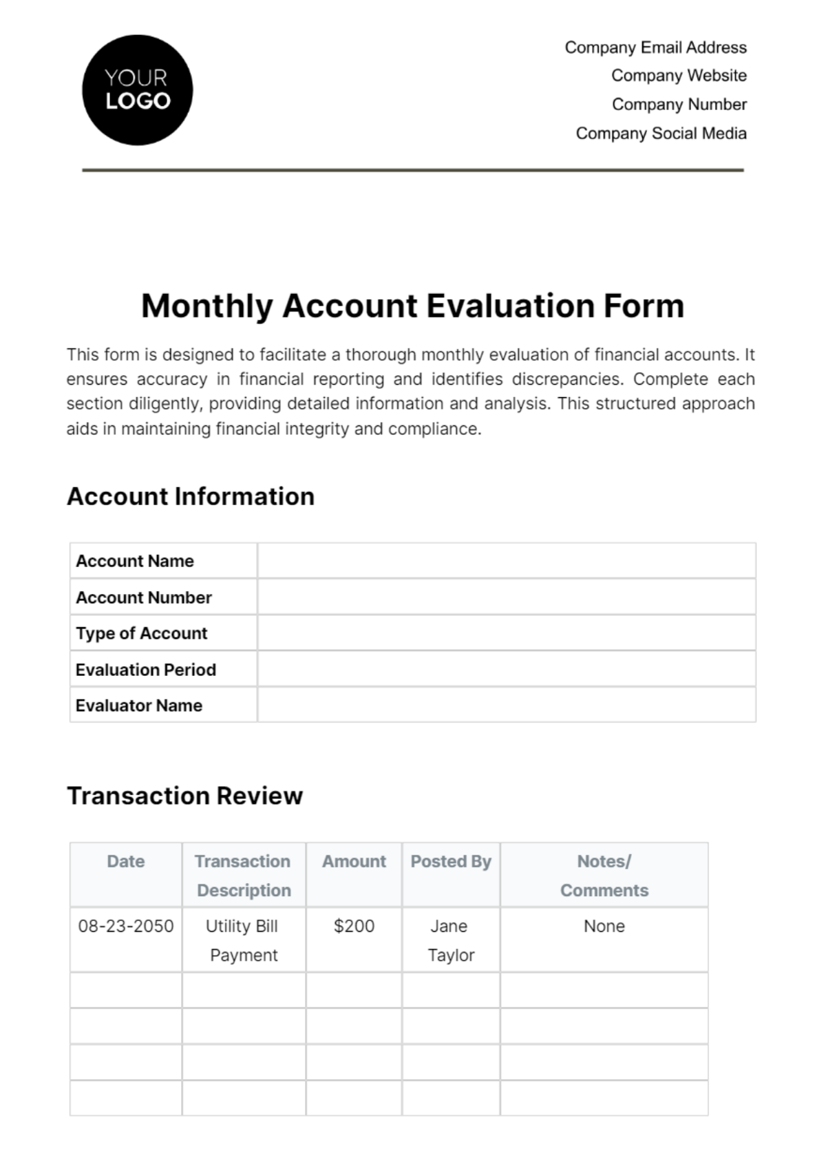 Free Monthly Account Evaluation Form Template