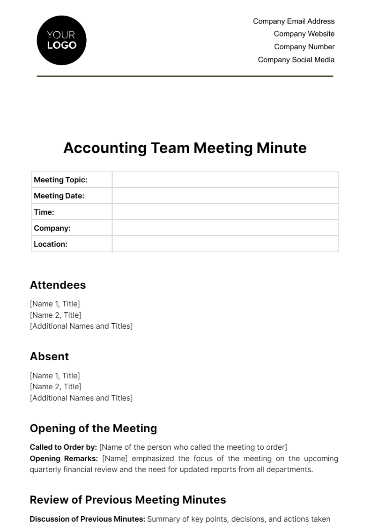 Accounting Team Meeting Minute Template