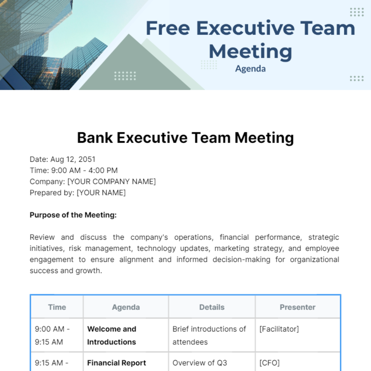 Executive Team Meeting Agenda  Template