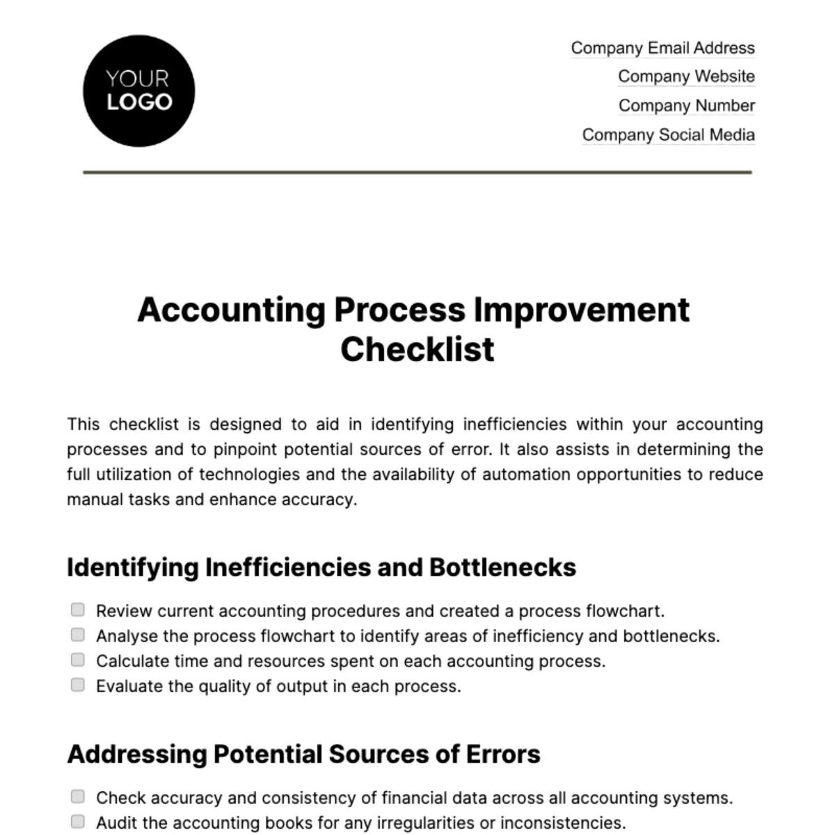 Accounting Process Improvement Checklist Template - Edit Online & Download