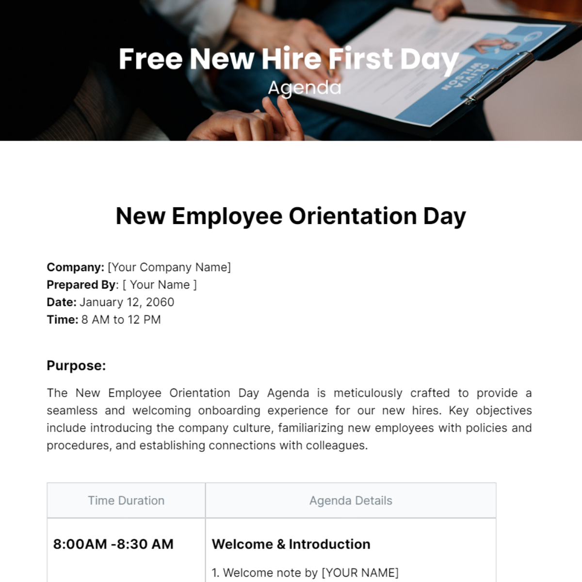 New Hire First Day Agenda  Template