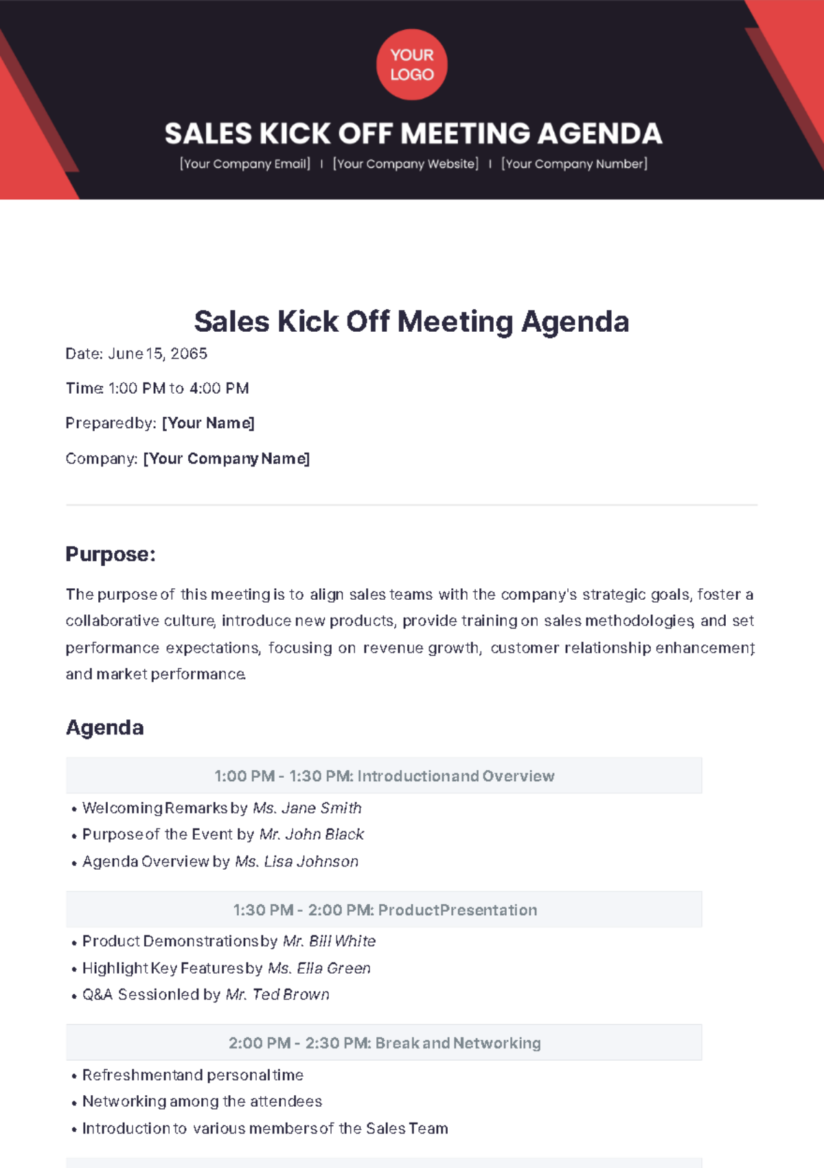 Sales Kick Off Meeting Agenda Template - Edit Online & Download