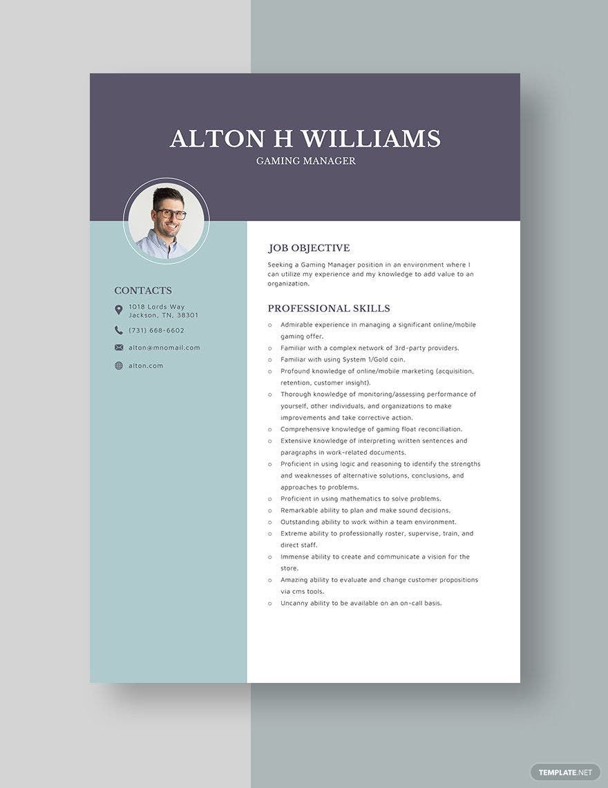 Free Gaming Manager Resume in Word, Apple Pages