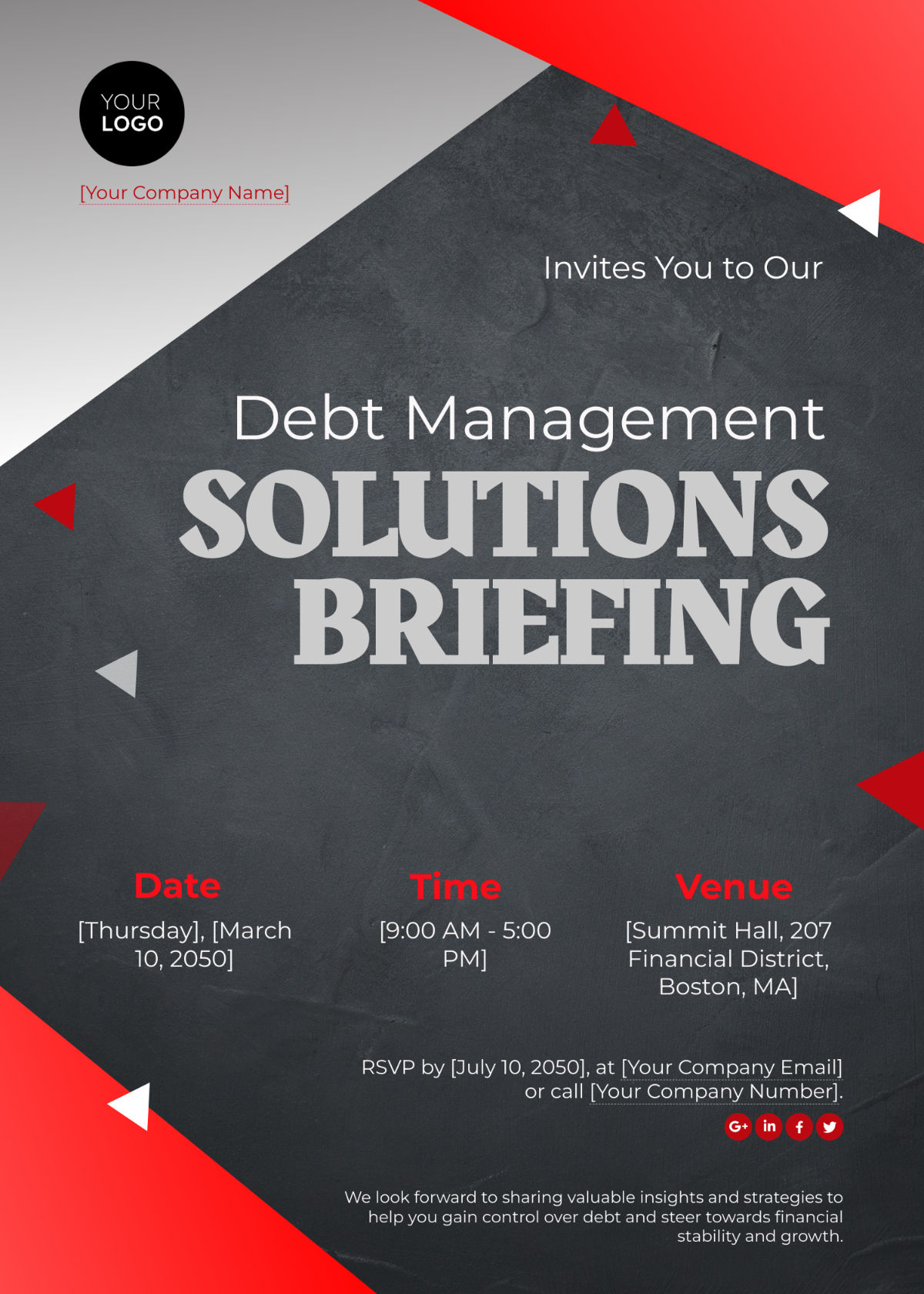 Debt Management Solutions Briefing Invitation Card