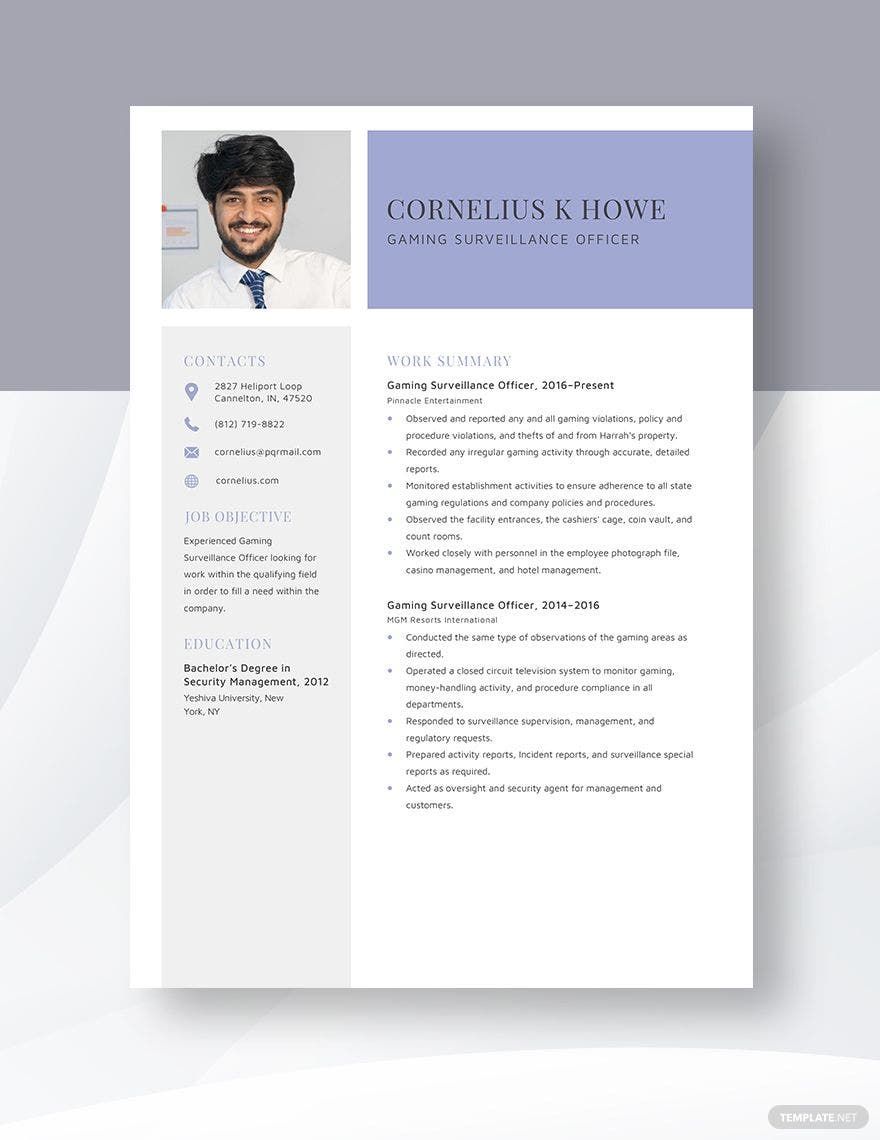 Free Gaming Surveillance Officer Resume Word Apple Pages Template