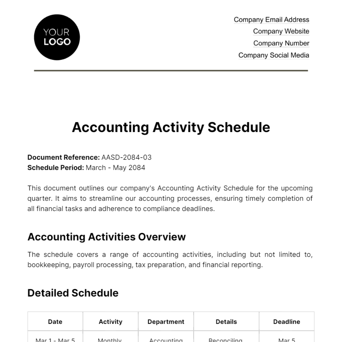 Accounting Activity Schedule Template
