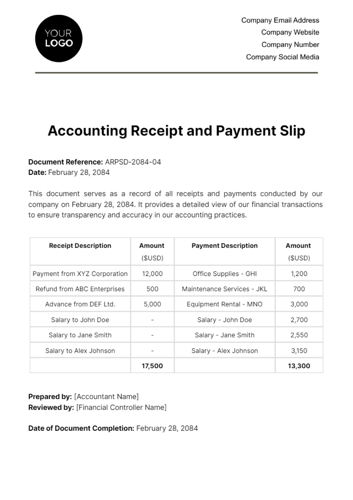 Free Accounting Receipt and Payment Slip Template
