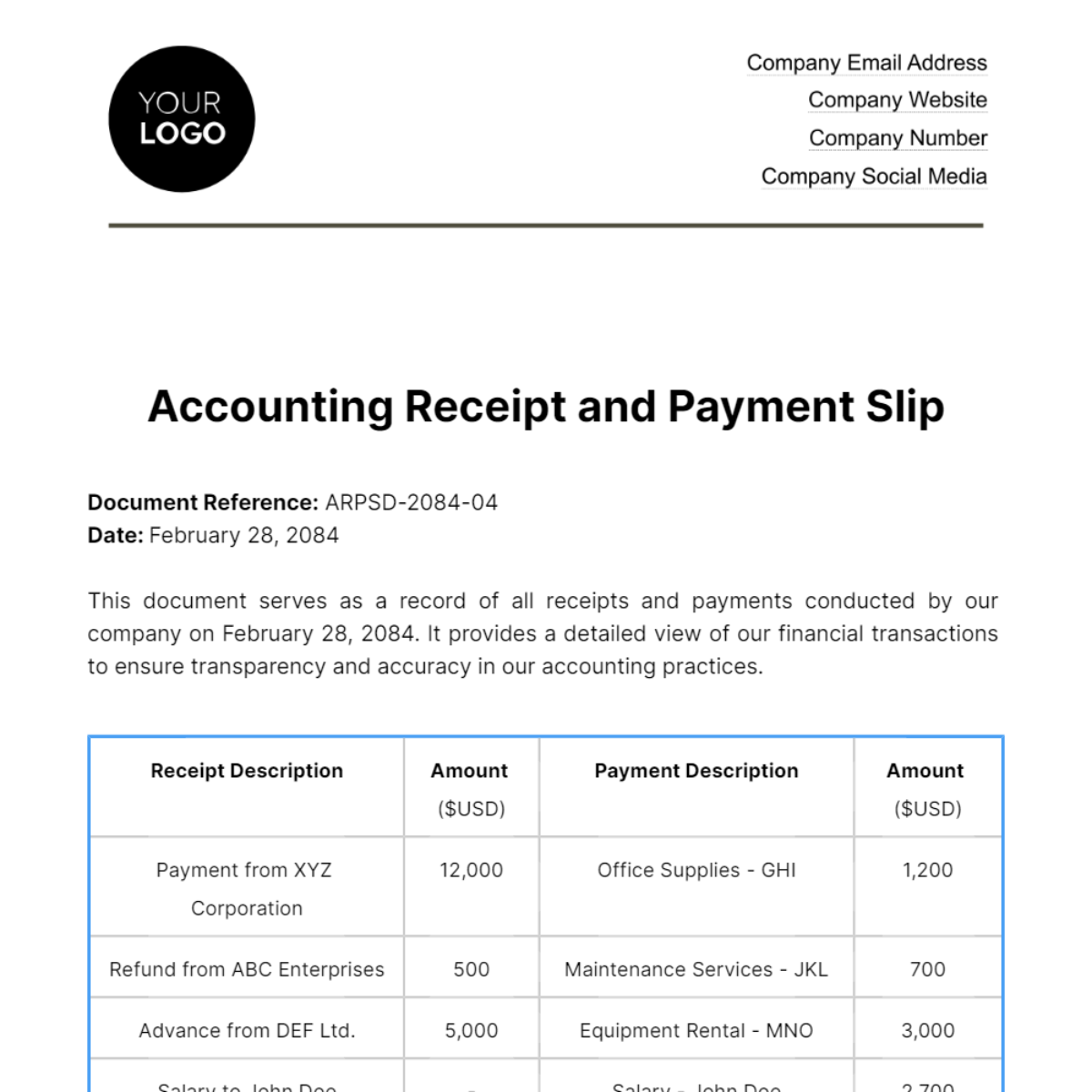 Accounting Receipt and Payment Slip Template