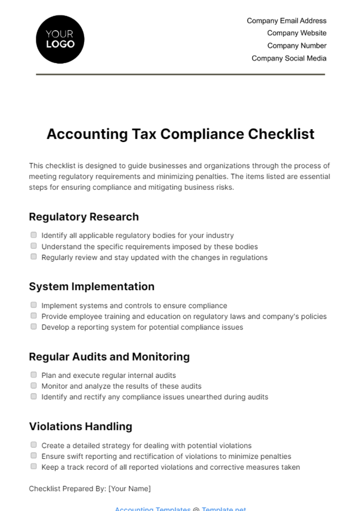 Accounting Tax Compliance Checklist Template