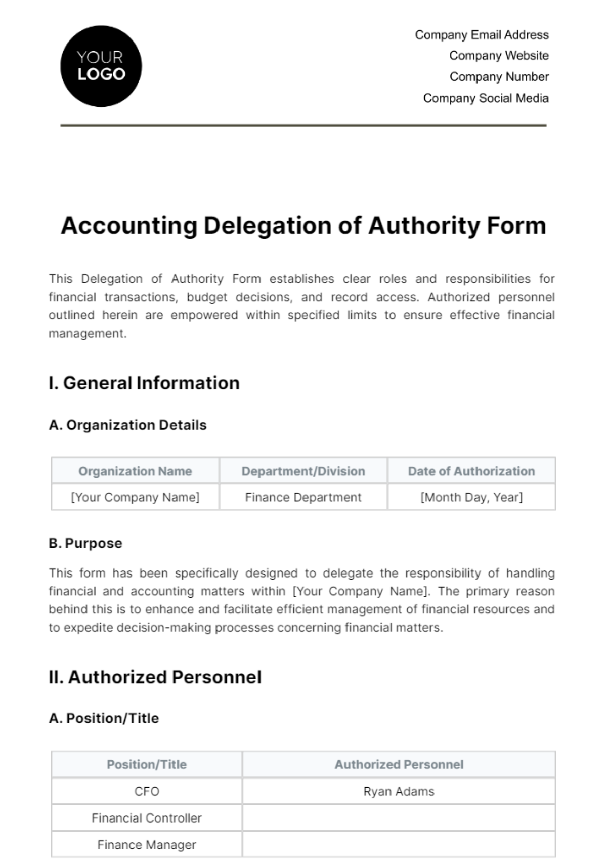 Free Accounting Delegation of Authority Form Template