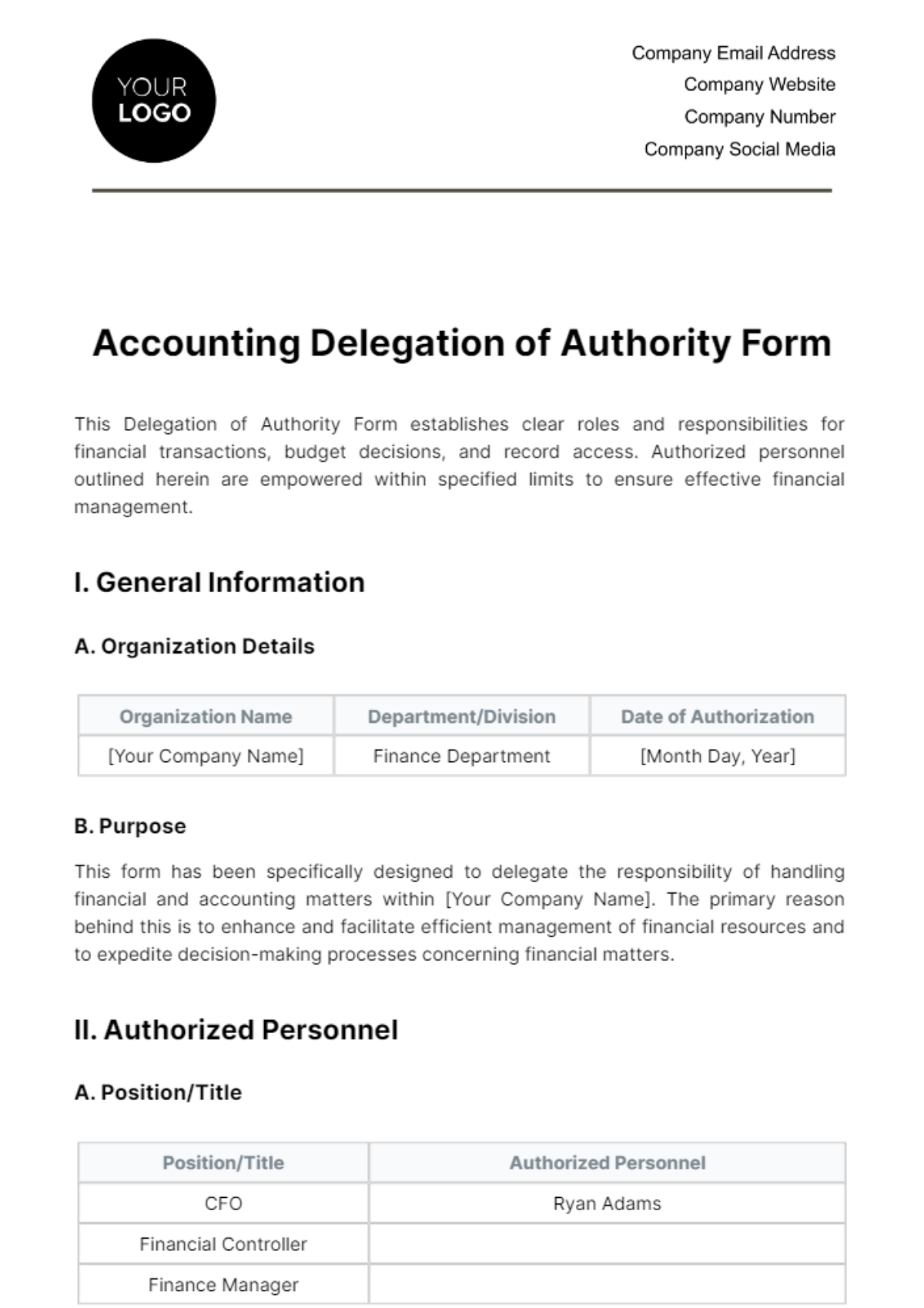 Accounting Delegation of Authority Form Template - Edit Online & Download