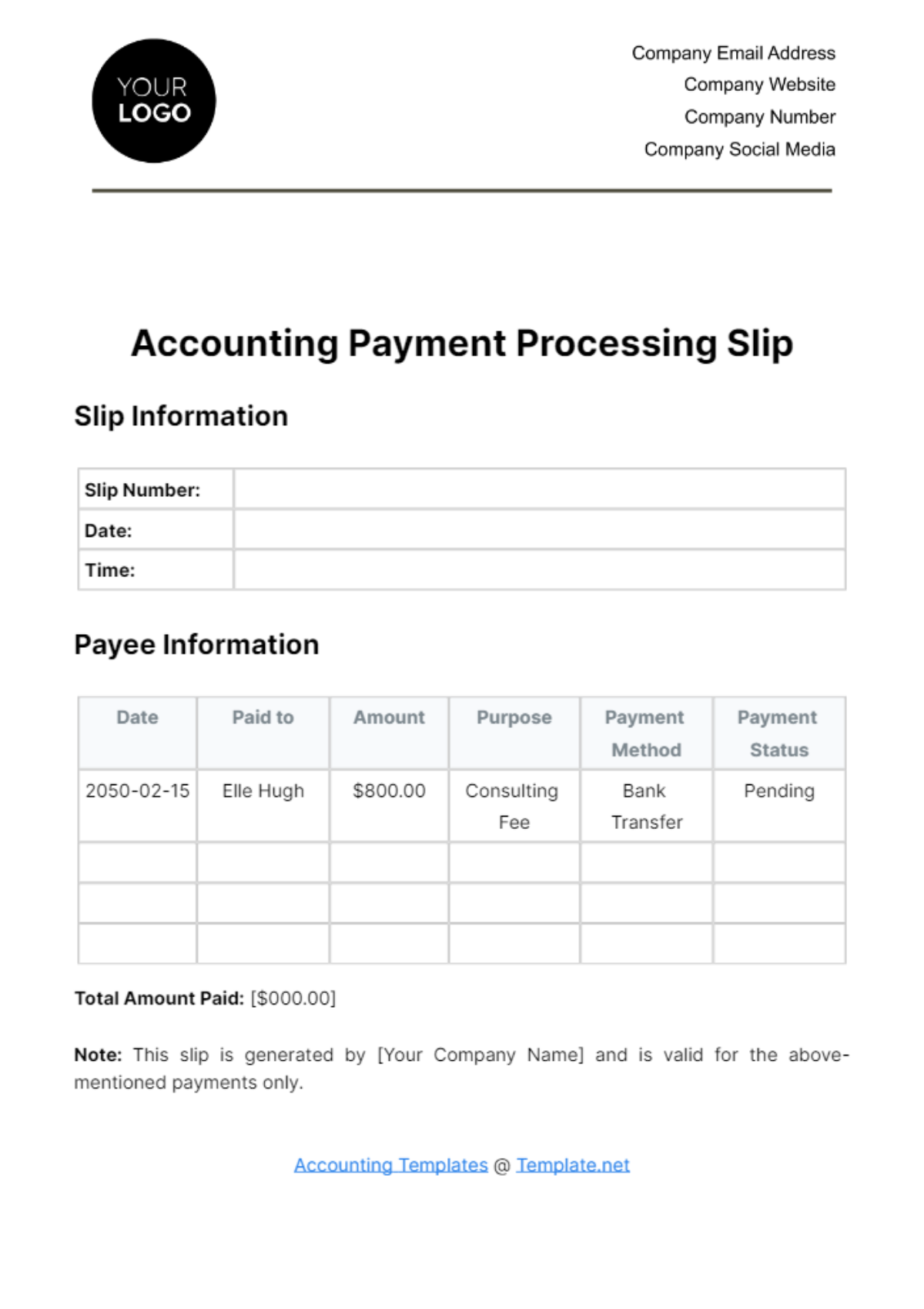 Accounting Payment Processing Slip Template