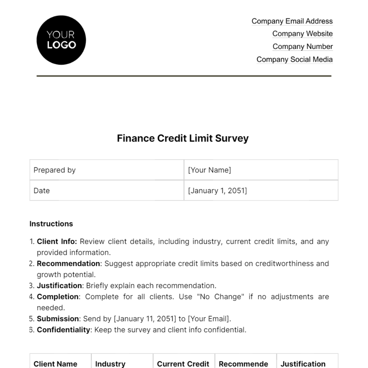 Finance Credit Limit Survey Template