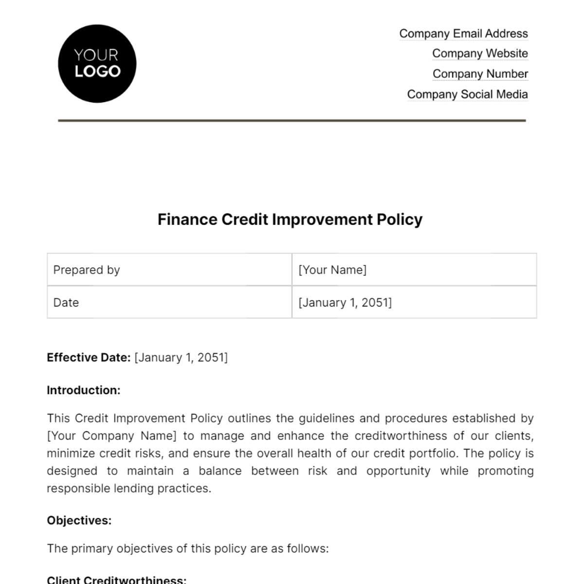 Free Finance Credit Improvement Policy Template
