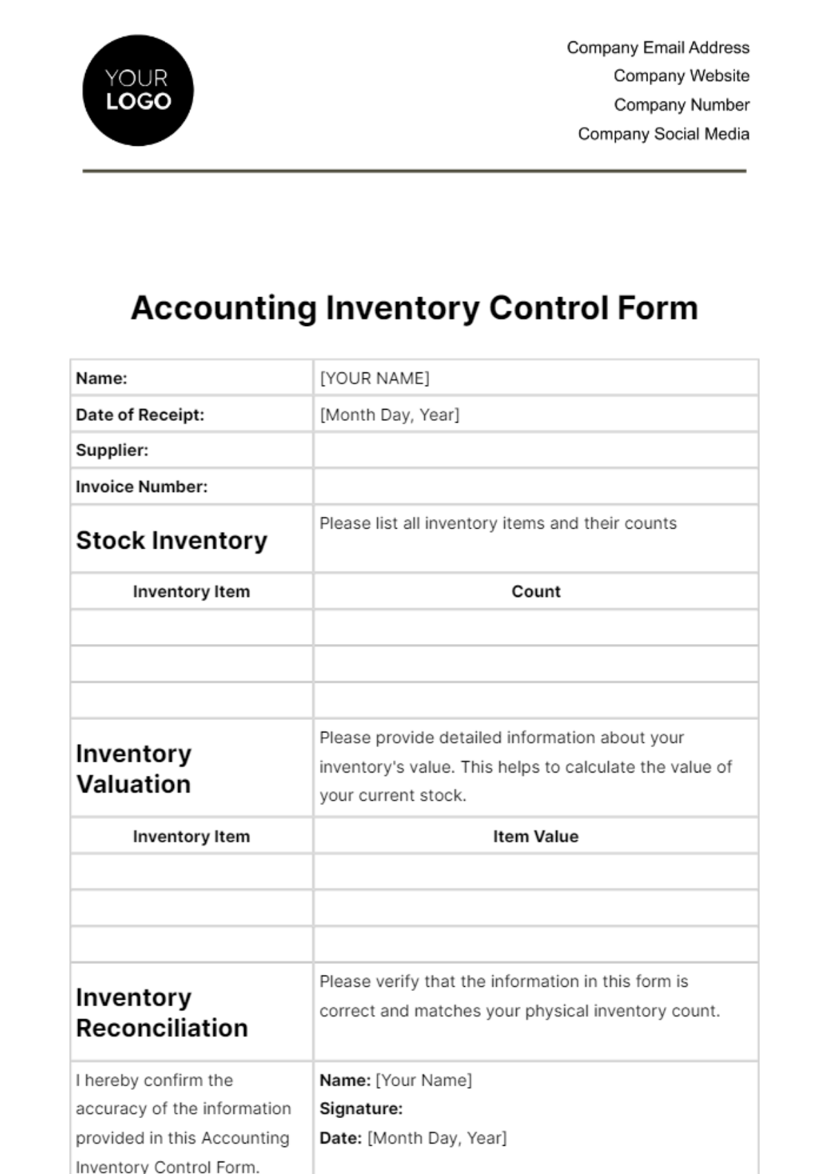 Free Accounting Inventory Control Form Template