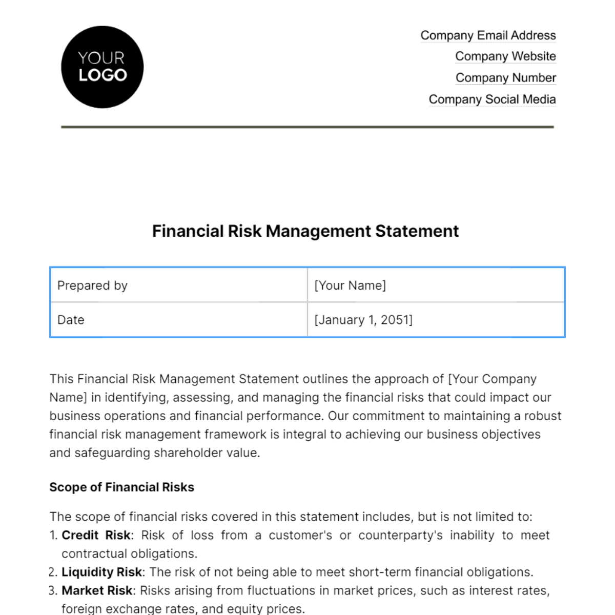 Free Financial Risk Management Statement Template