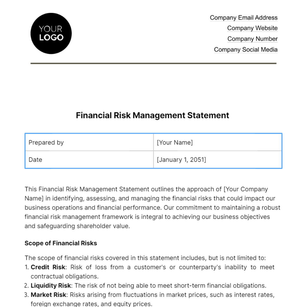 Financial Risk Management Statement Template - Edit Online & Download