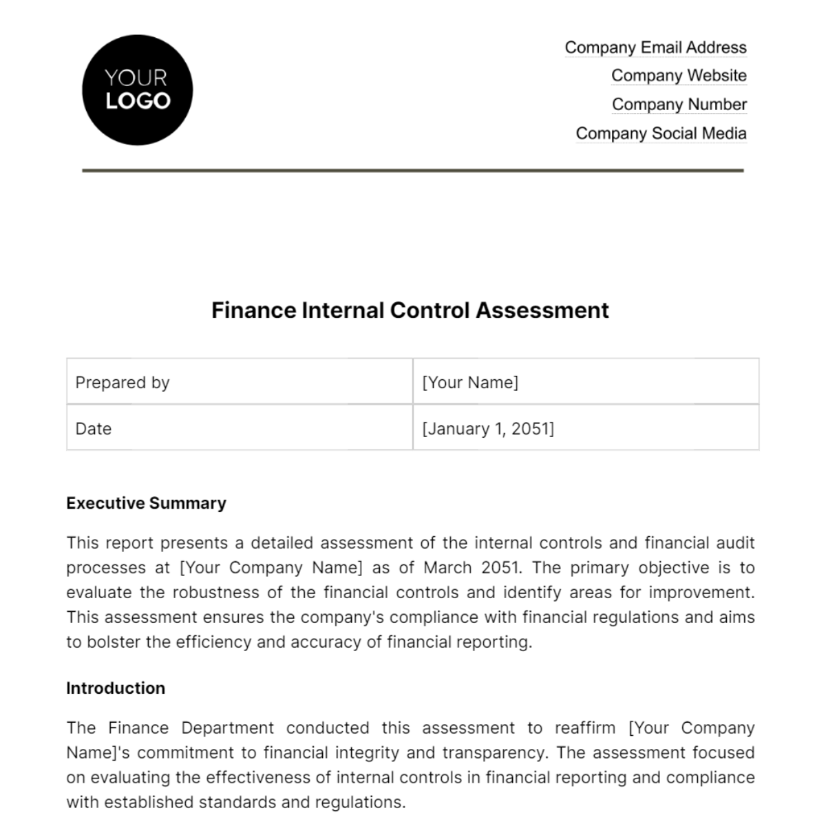 Finance Internal Control Assessment Template