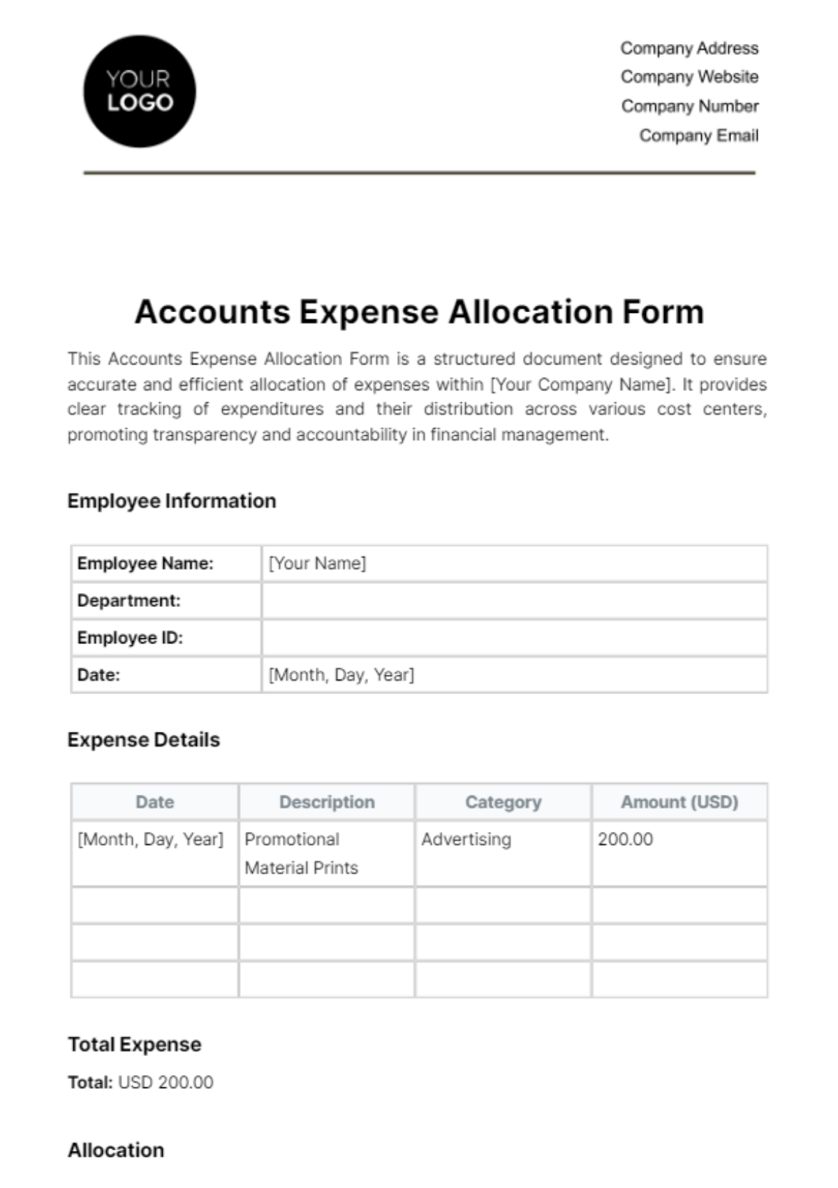 Accounts Expense Allocation Form Template