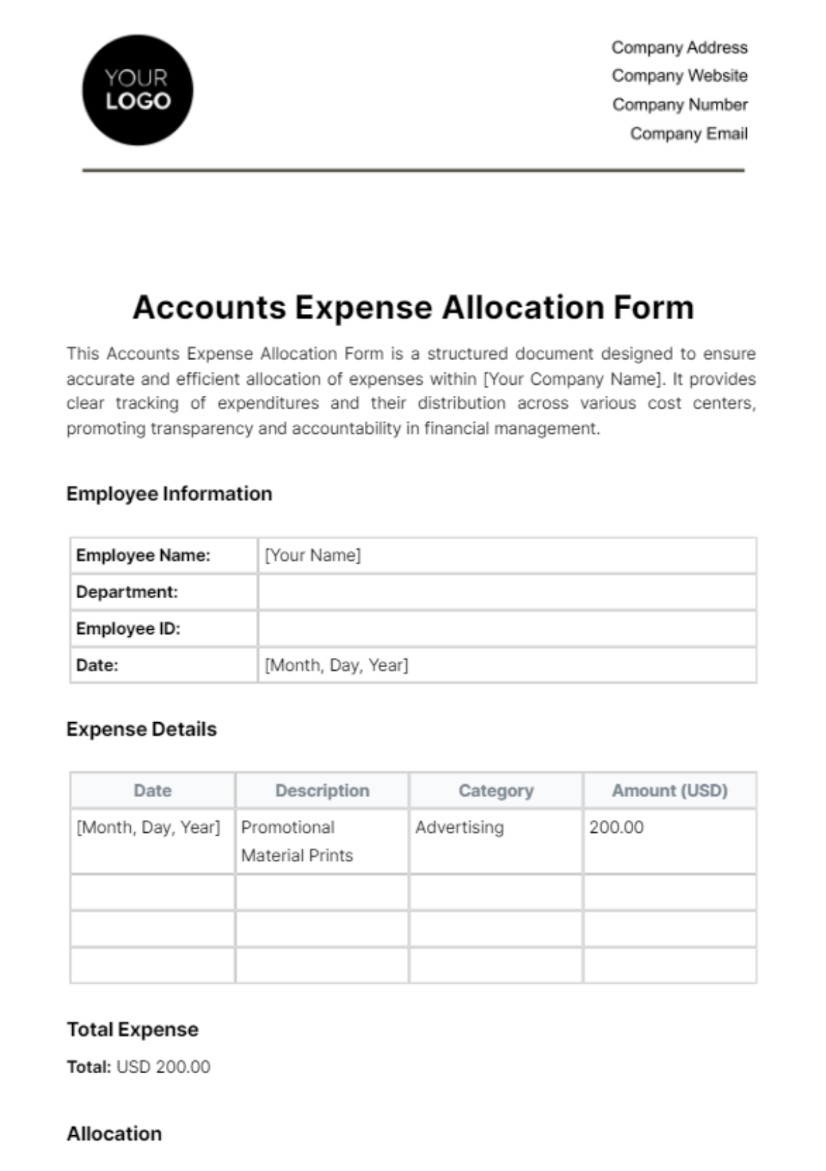 Accounts Expense Allocation Form Template - Edit Online & Download