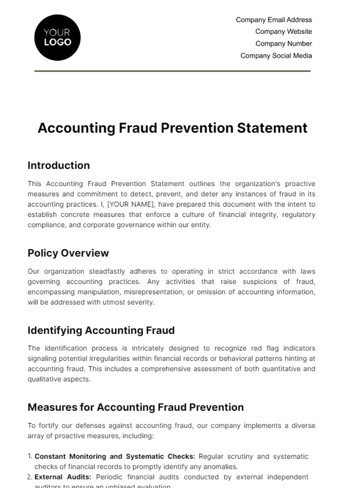 Accounting Fraud Prevention Statement Template