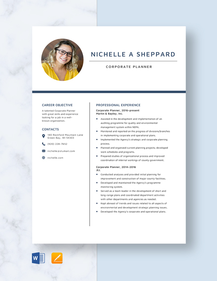 Corporate Planner Resume Template - Word, Apple Pages