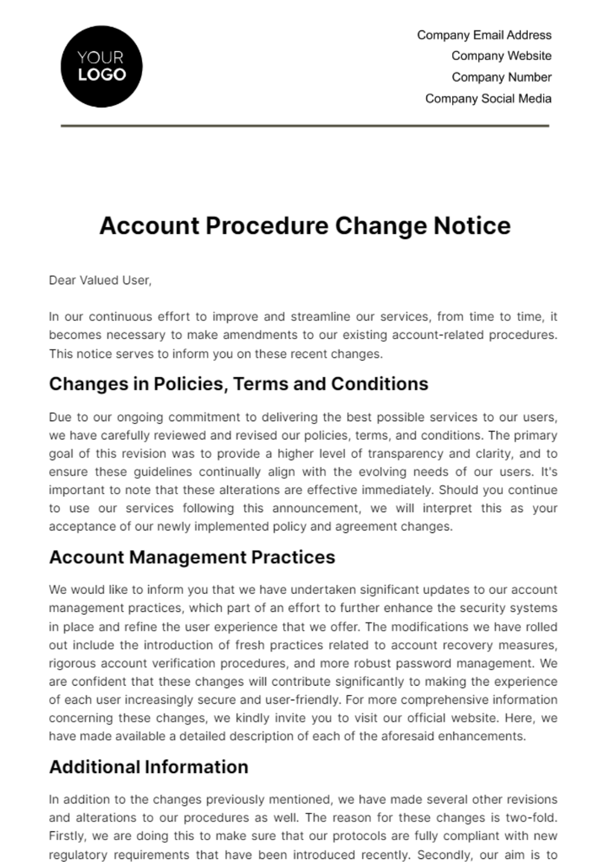 Free Account Procedure Change Notice Template