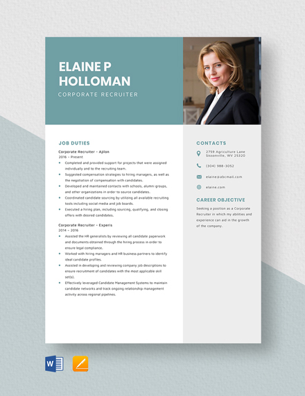 Corporate Recruiter Resume Template - Word, Apple Pages
