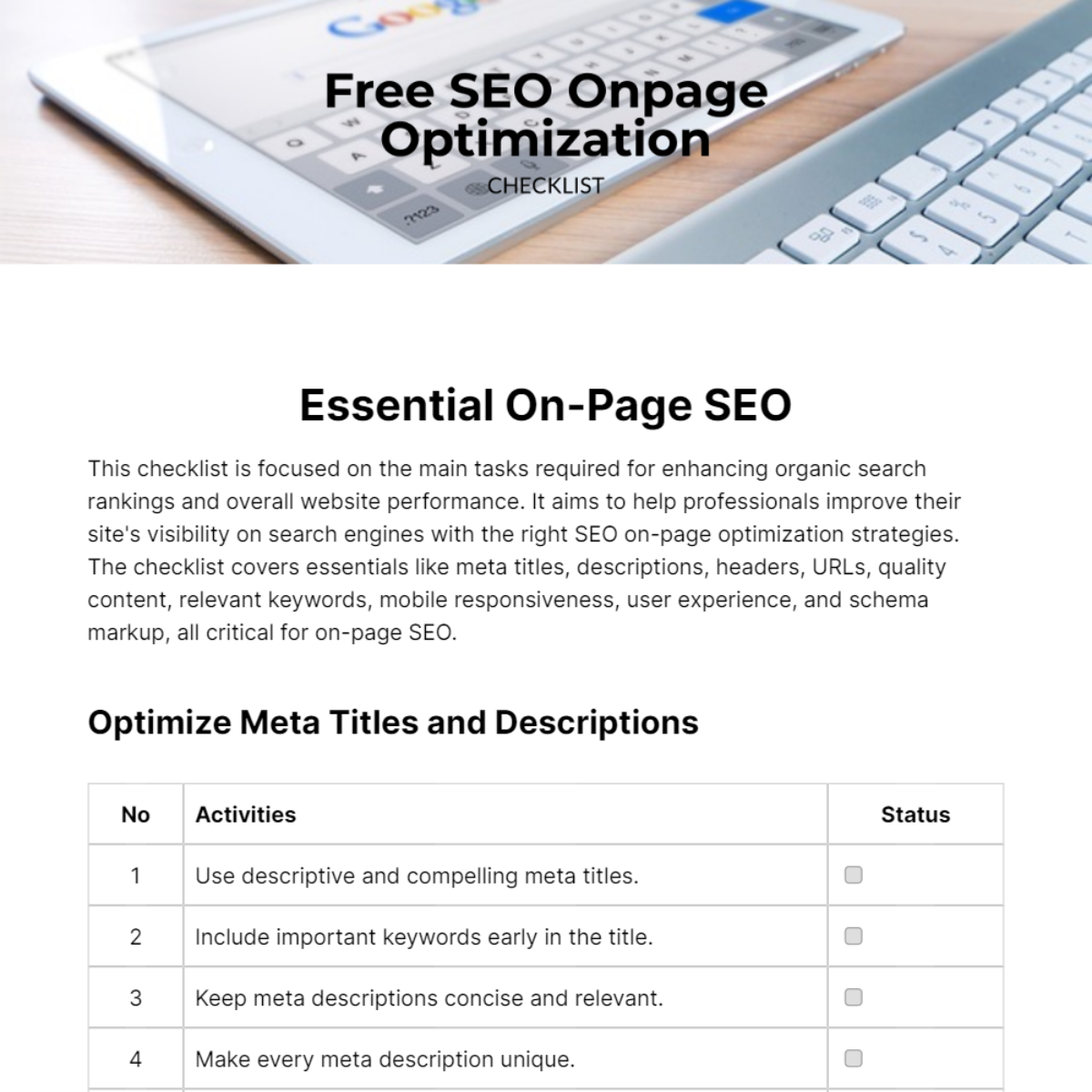 Free SEO Onpage Optimization Checklist Template