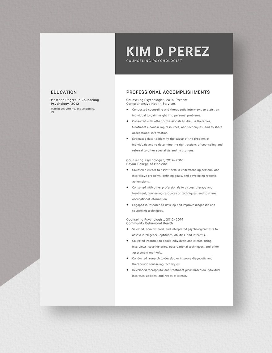 Counseling Psychologist Resume