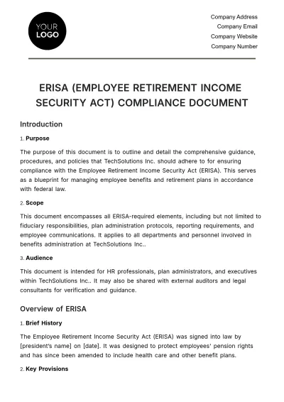 Free ERISA Compliance Document HR Template to Edit Online