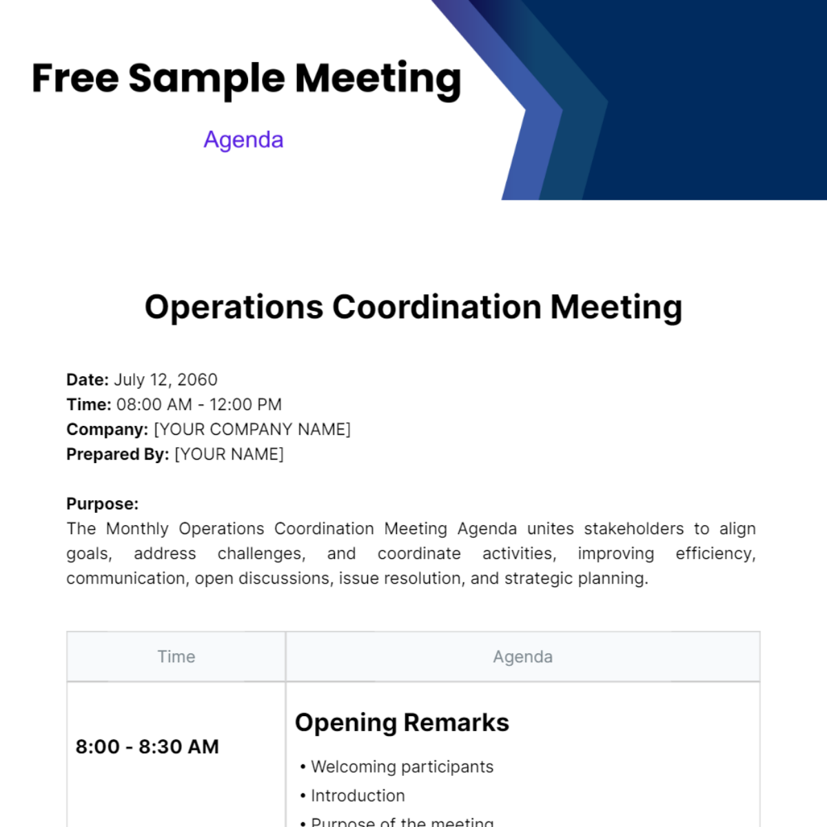 Sample Meeting Agenda  Template