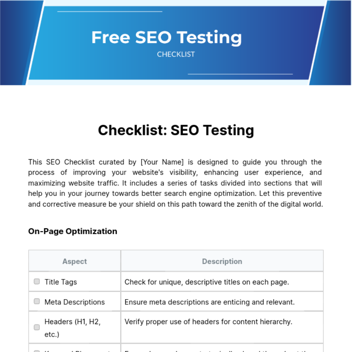 SEO Testing Checklist Template