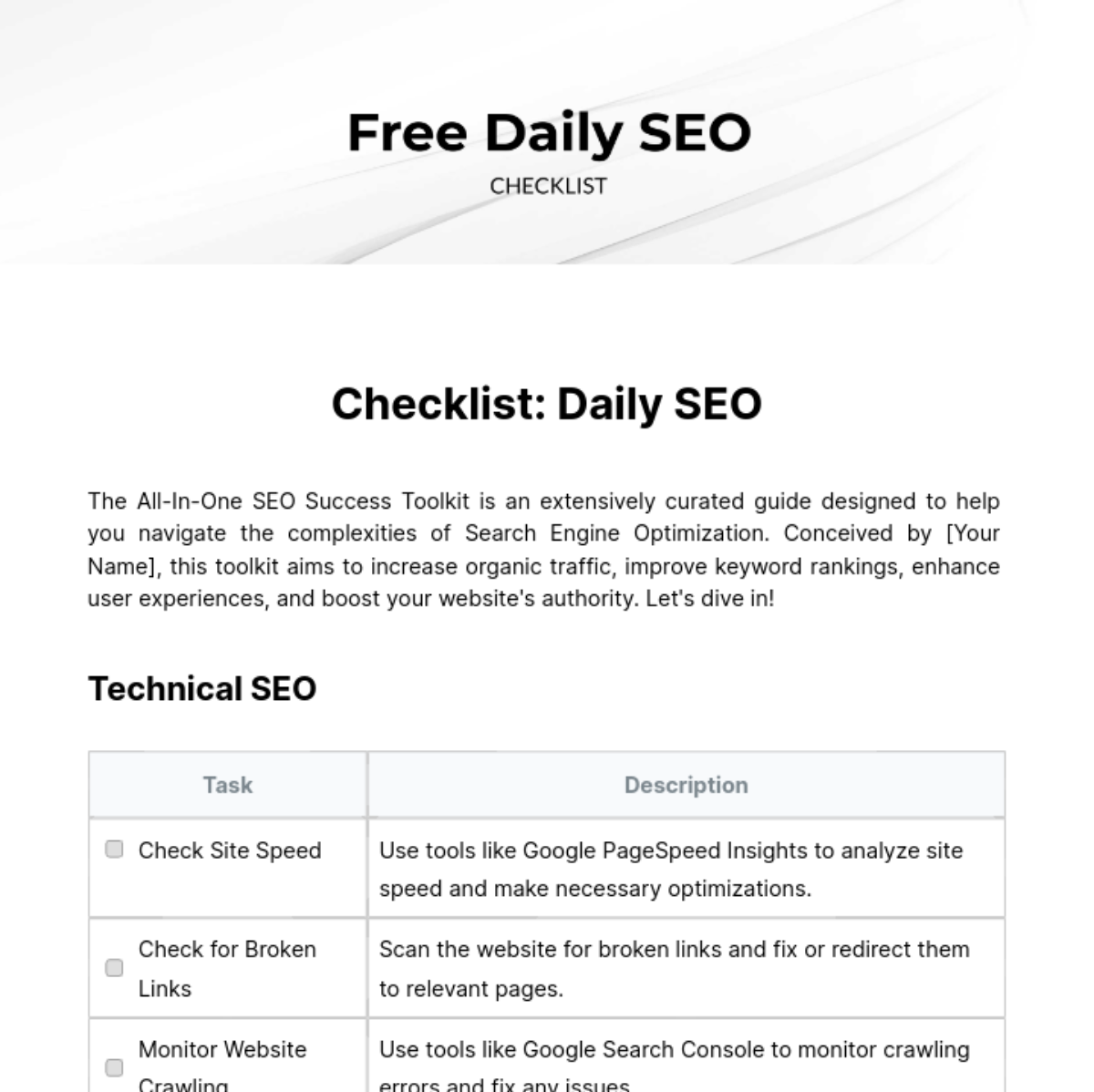 Daily SEO Checklist Template - Edit Online & Download