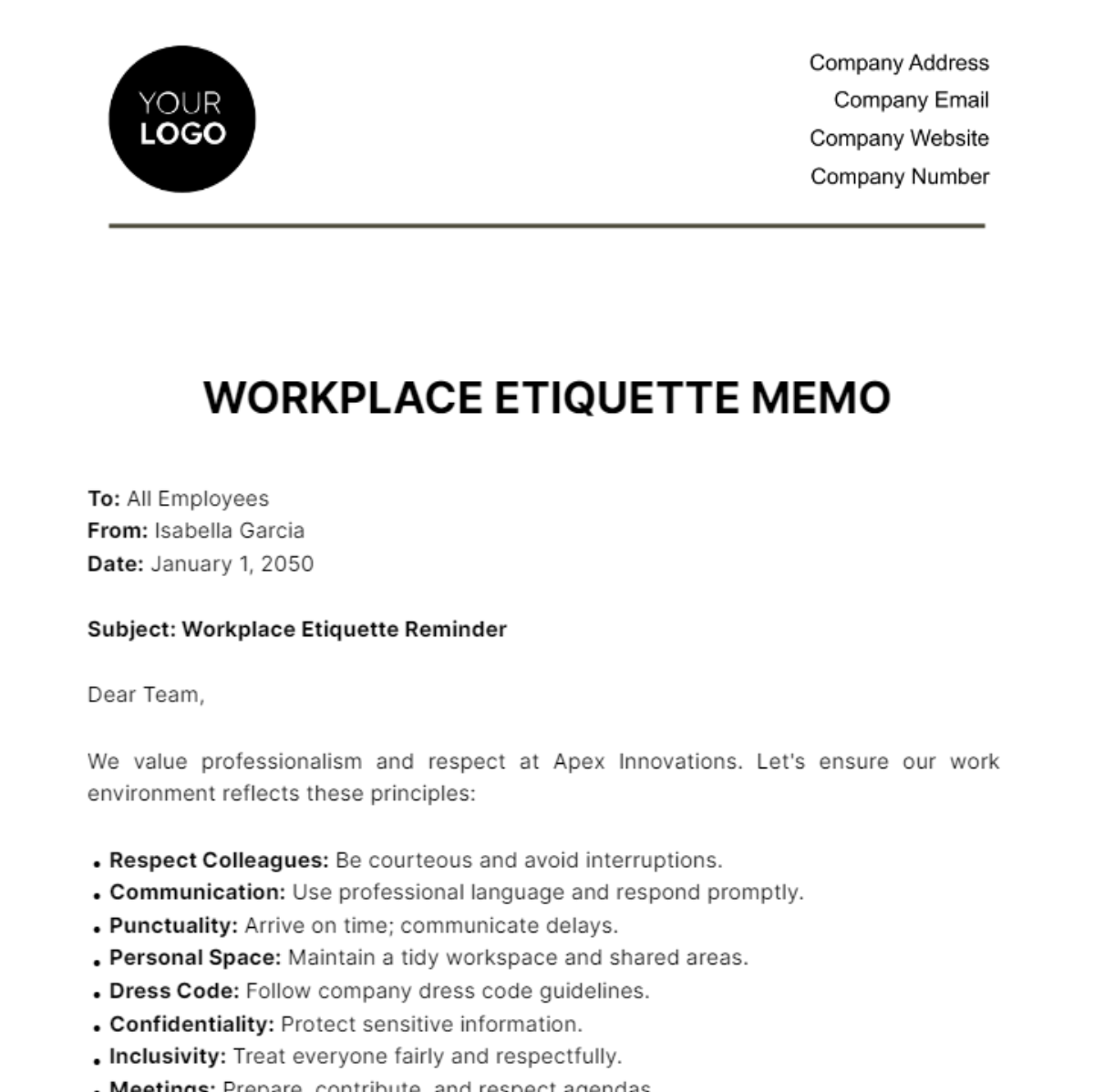 Workplace Etiquette Memo HR Template