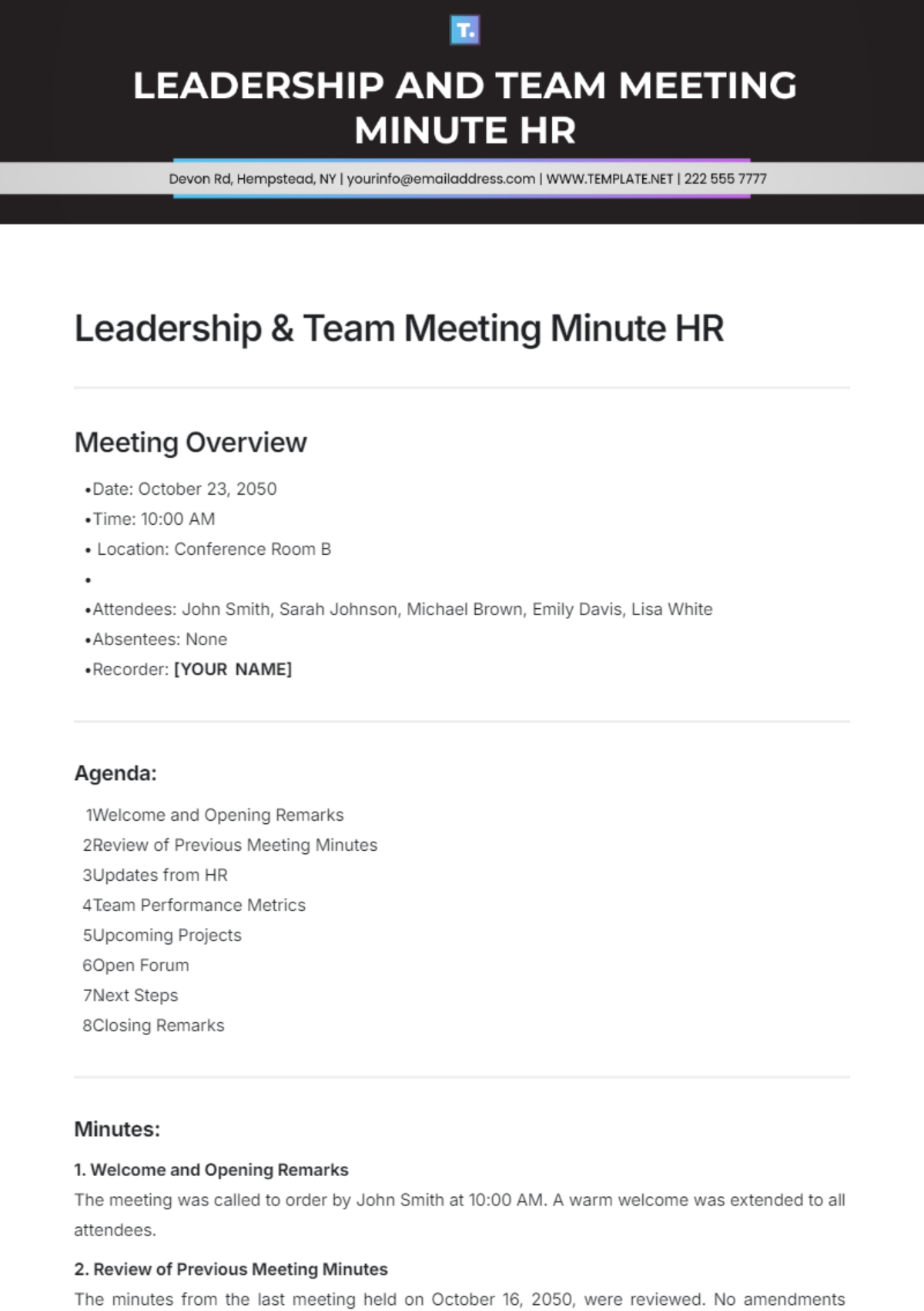 Leadership & Team Meeting Minute HR Template - Edit Online & Download