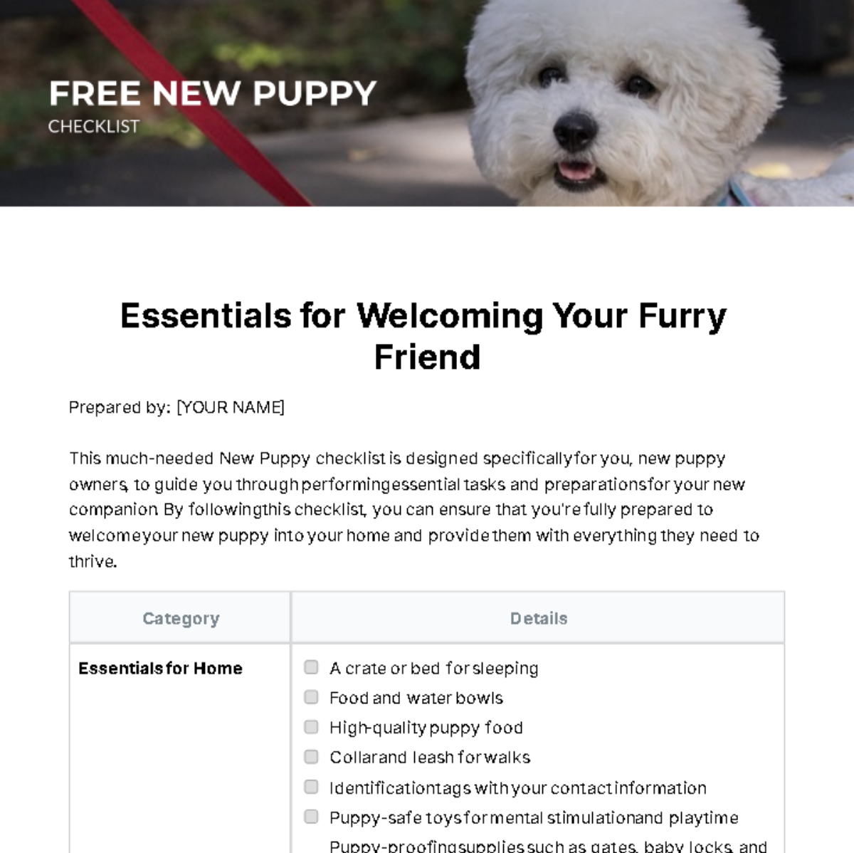 New Puppy Checklist Template