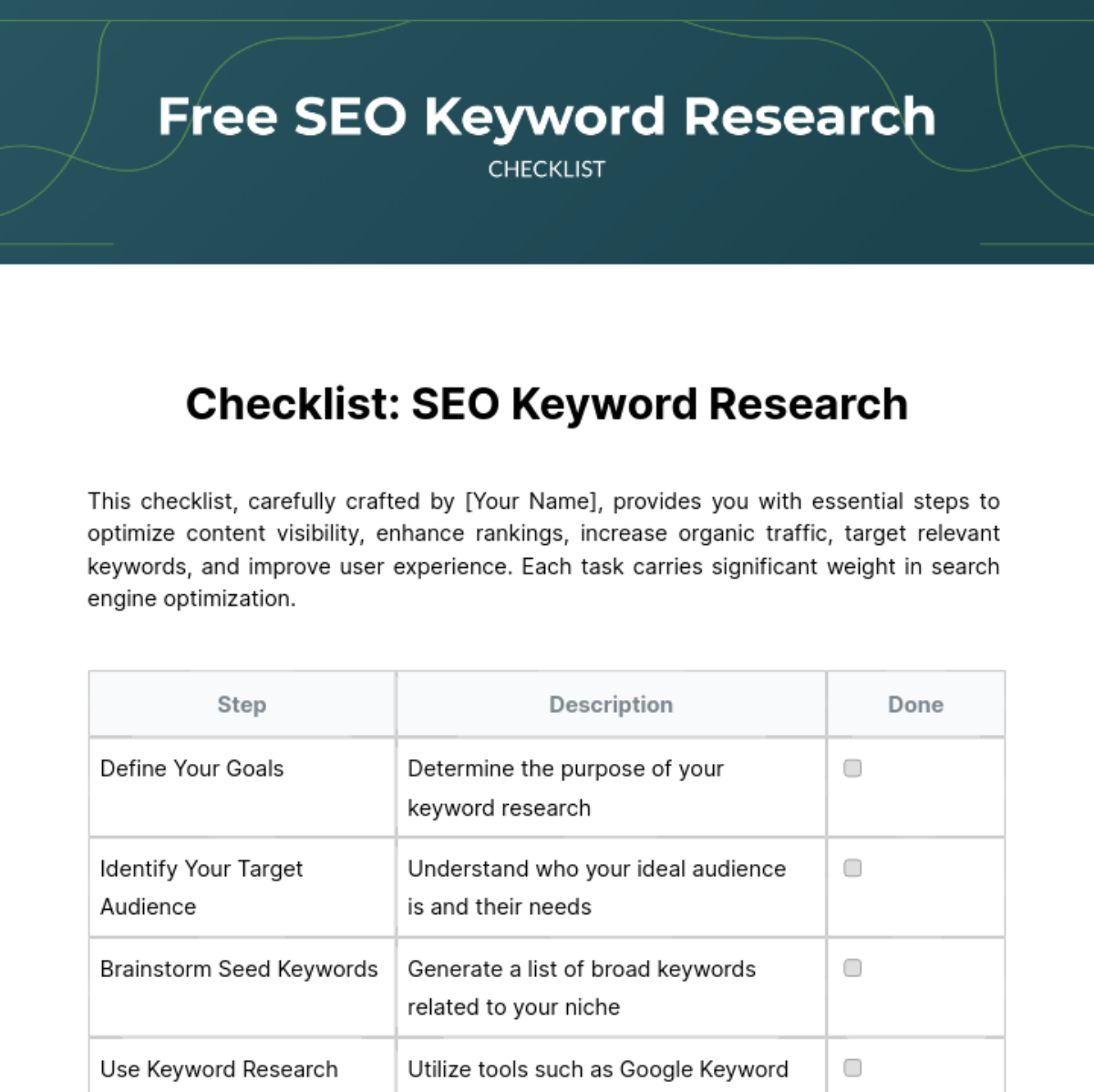 SEO Keyword Research Checklist Template - Edit Online & Download