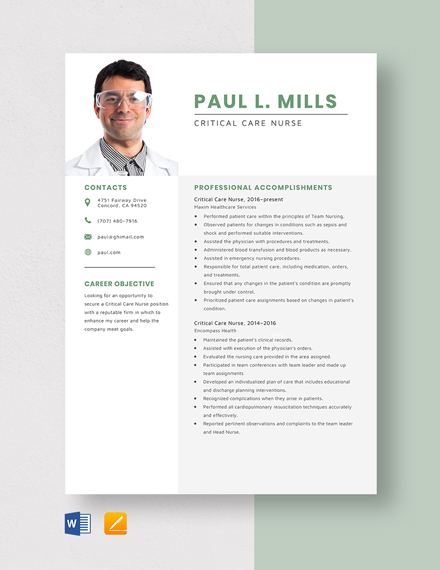 critical care nurse resume word template